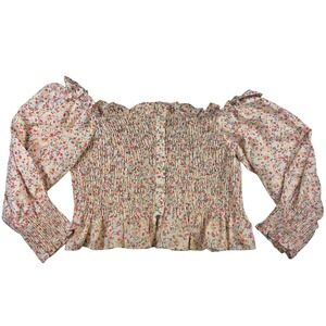 ZARA Floral Smocked Peplum Blouse XL Off Shoulder Long Sleeve Cottagecore